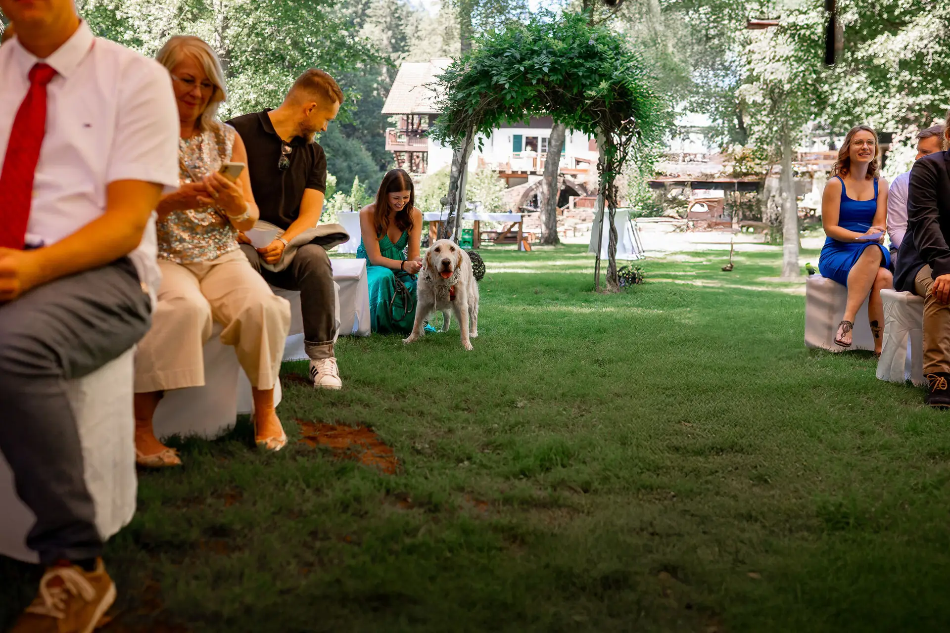Hochzeitsgesellschaft auf dem Rasen, Hund liegt entspannt dabei, historisches Holzhaus im Hintergrund