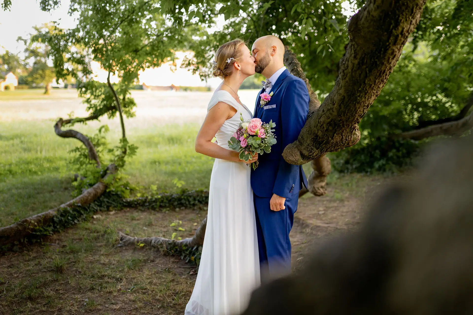 Brautpaar küsst sich unter einem großen knorrigen Baum auf einer Wiese im Schlossgarten