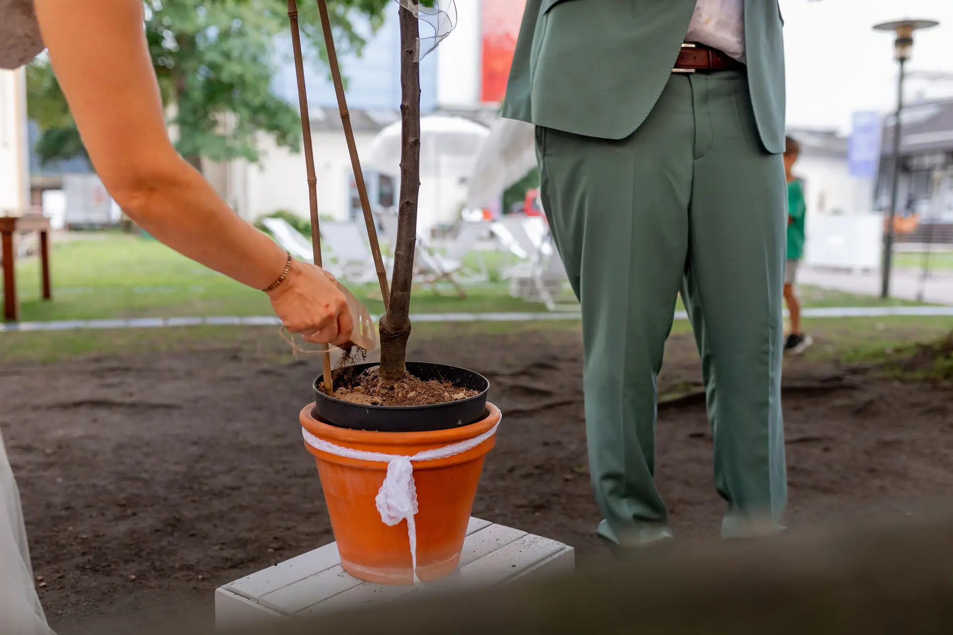 Brautpaar pflanzt gemeinsam einen kleinen Baumsetzling in einen Topf – symbolisches Ritual bei der Zeremonie