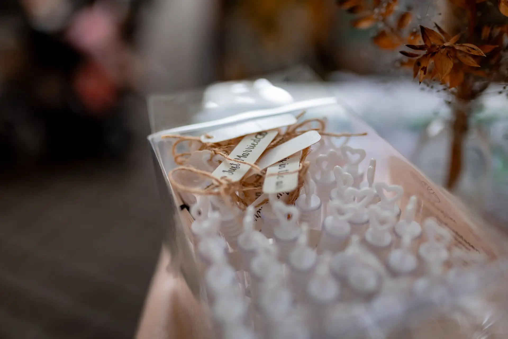 Seifenblasen-Fläschchen als Gastgeschenke in Geschenkverpackung bei der Hochzeitsfeier