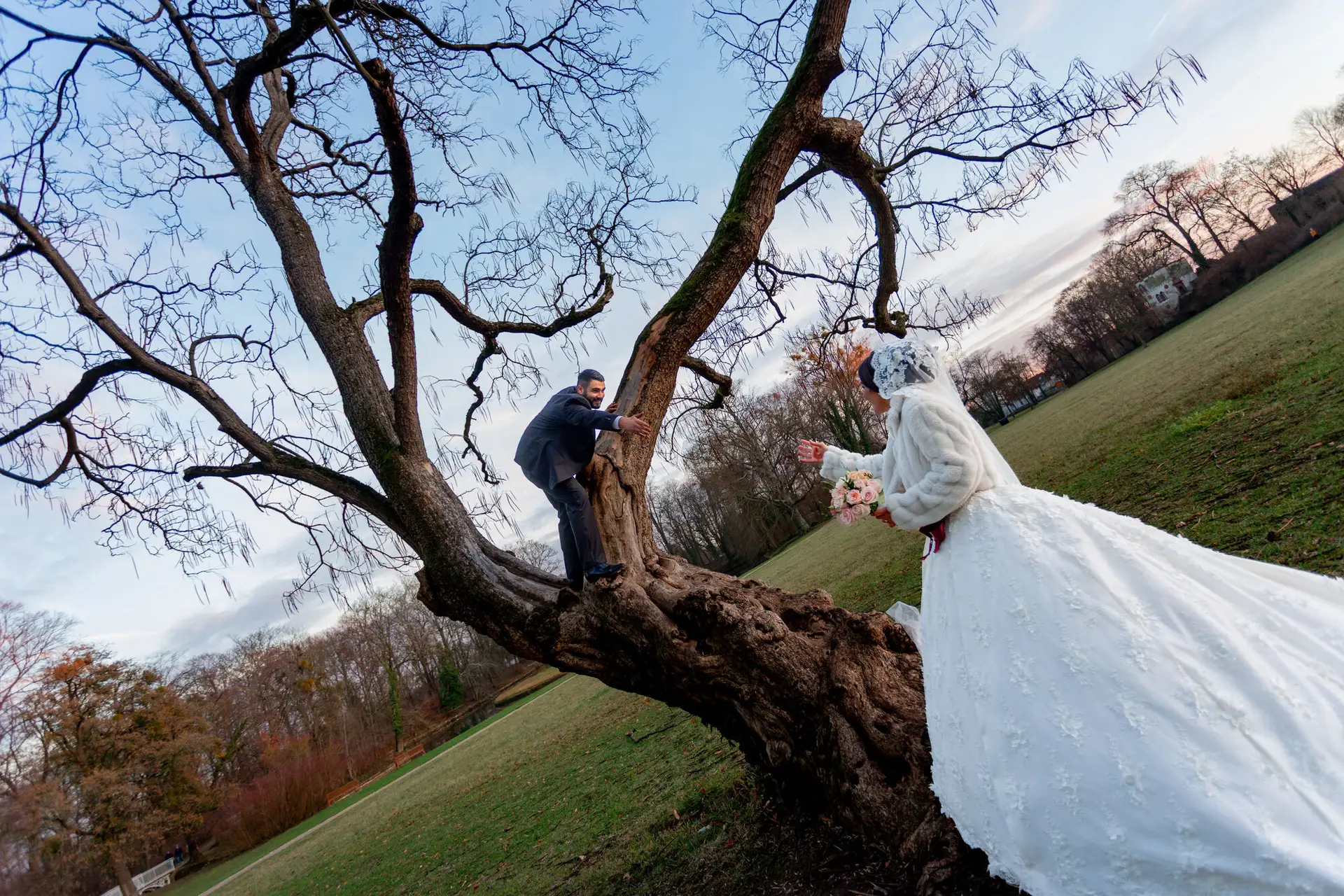 Brautpaar auf dem knorrigen alten Baum im winterlichen Schlossgarten – Bräutigam klettert, Braut steht am Stamm