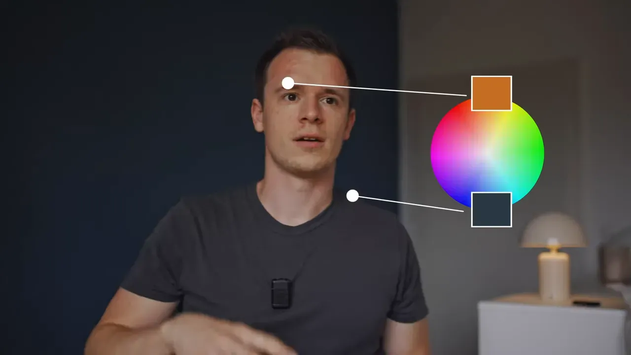 Frontalaufnahme mit eingeblendetem Farbkreis und Markern, die Orange für Haut und Dunkelblau für Hintergrund hervorheben