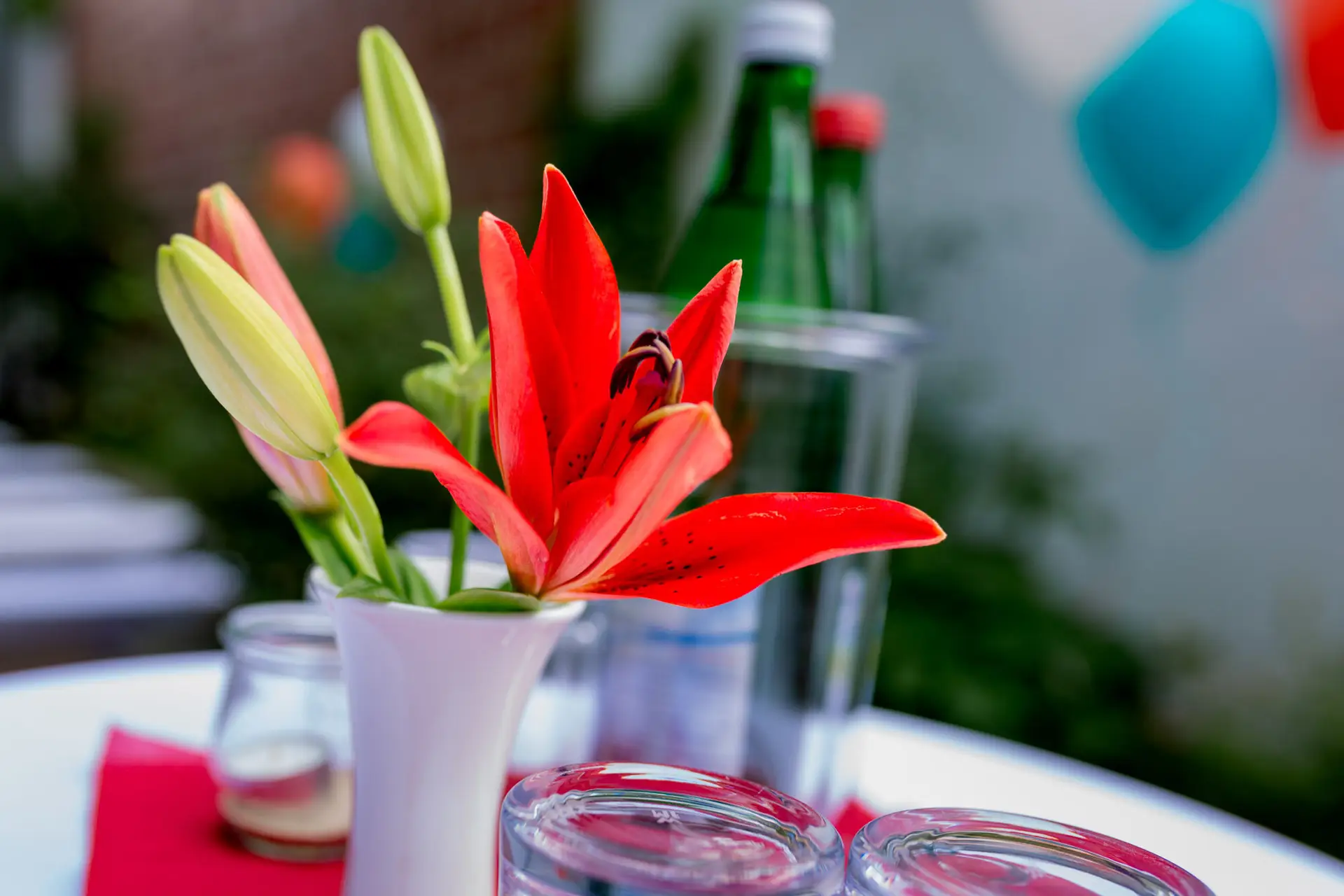 Festlich dekorierter Tisch mit Blumenarrangement und karibischen Farben in der Rebe Deidesheim