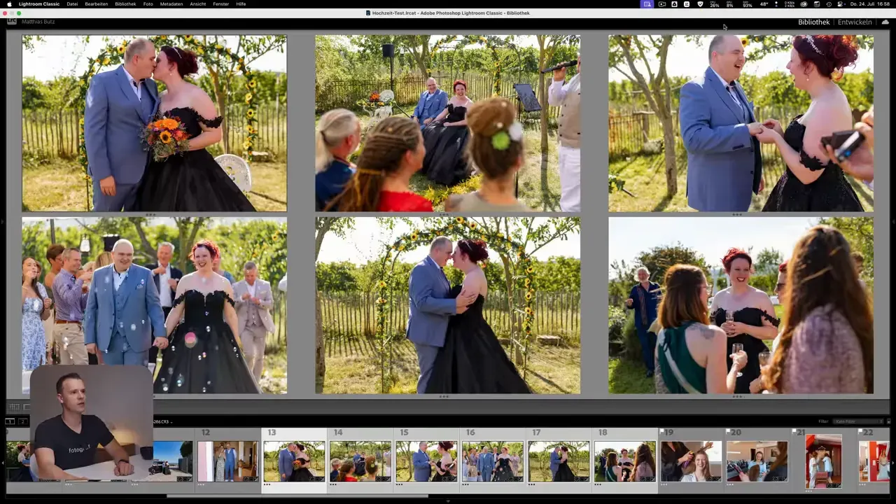 Lightroom-Ansicht mit Gruppenbild (Vordergrund unscharf) und Filmstreifen, Moderator klein eingeblendet