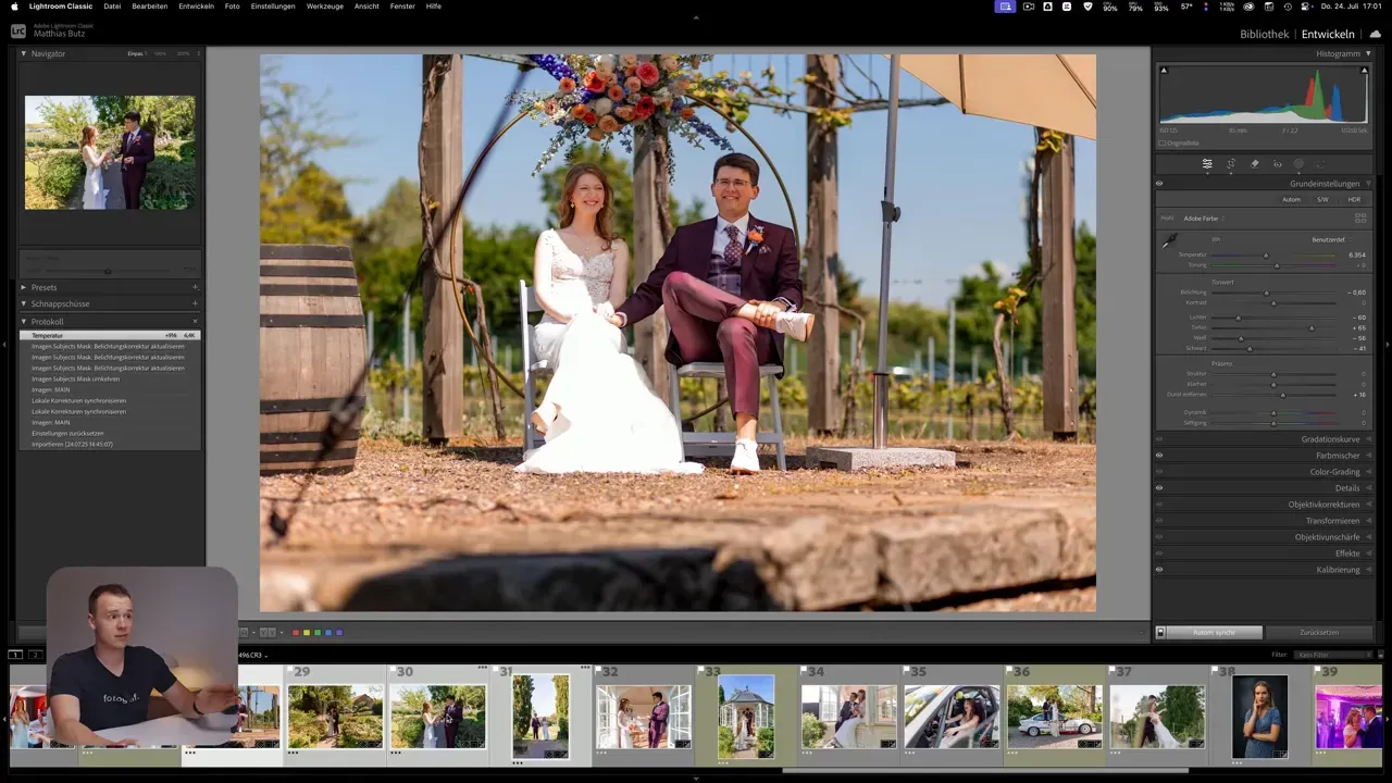 Lightroom Classic Bildschirm mit Protokoll-Eintrag für Temperaturänderung und Bildvorschau