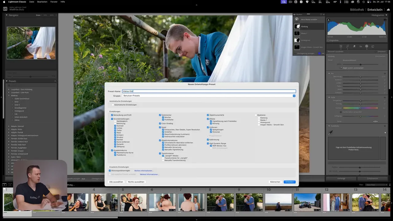Lightroom Dialog 'Neues Entwicklungs-Preset' mit Maskenoptionen sichtbar