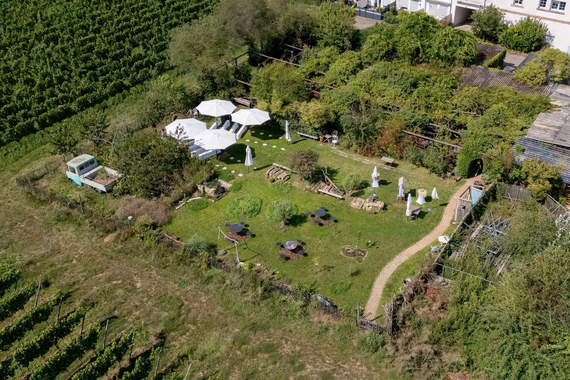 Brautpaar küsst sich unter Sonnenblumenbogen im Garten von Kellers Keller