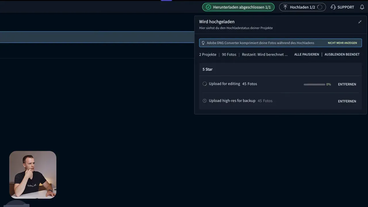 Screenshot des Upload-Status in Imagen AI mit Fortschrittsanzeige und Upload-Optionen