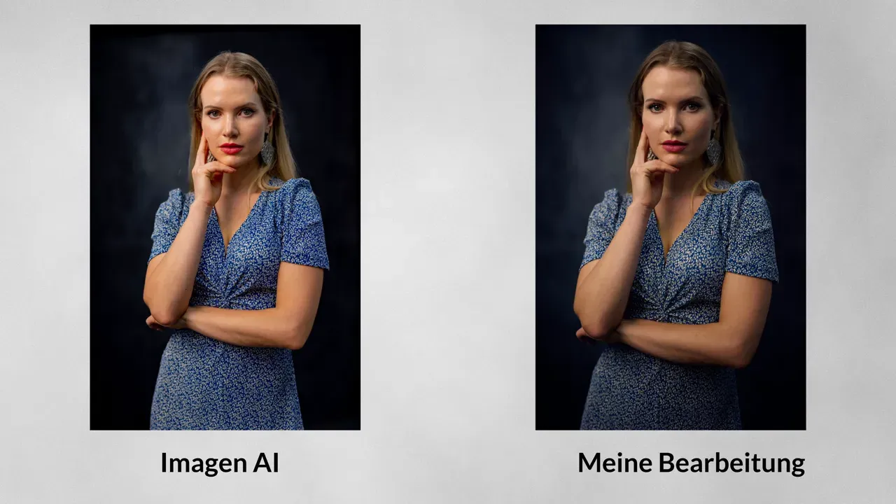 Seiten-zu-Seiten Vergleich eines Portraits mit der Beschriftung 'Imagen AI' und 'Meine Bearbeitung'
